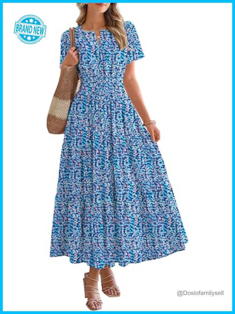Women's Floral Maxi Dress V Neck Short Sleeve Boho Flow Wedding Guest
